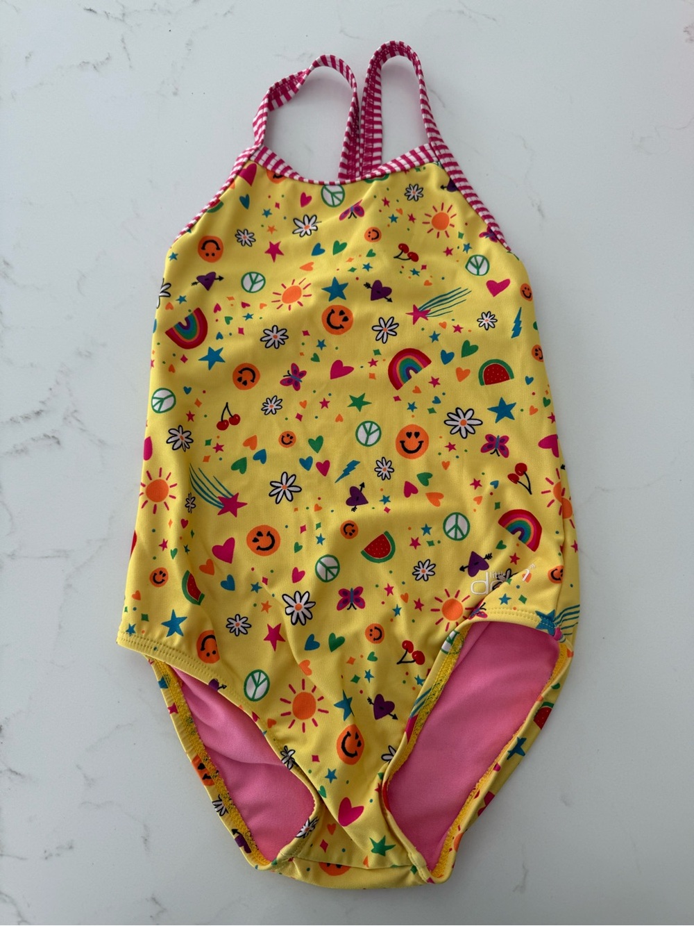 Dolfin Yellow Kids One-Piece Swimsuit with Pink Trim, size 6